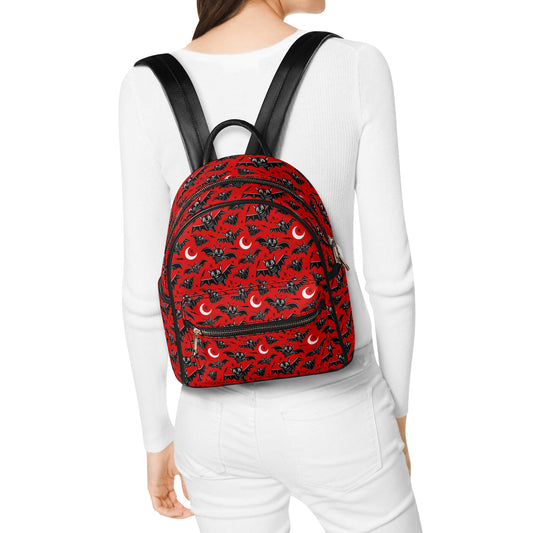 Oh Bats Red Faux Leather Mini Backpack Purse