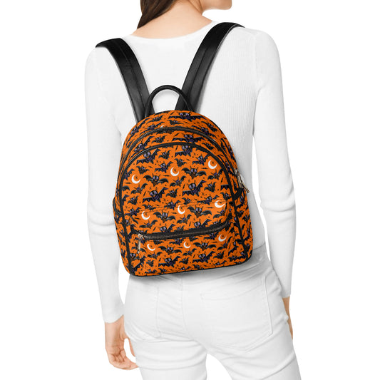 Oh Bats Orange Faux Leather Mini Backpack Purse