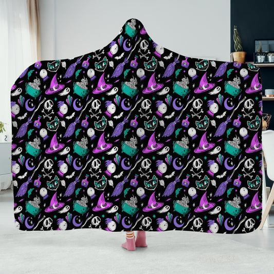 Magick Curio Black Background Purple Orchid Blue Hooded Blanket