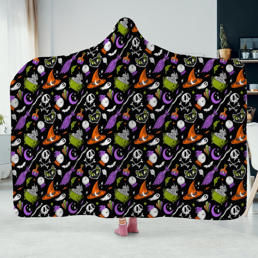 Magick Curio Black Background Orange, Chartreuse, Purple Hooded Blanket