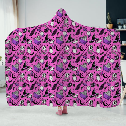 Magick Curio Pink Background Pink Orchid Green Hooded Blanket