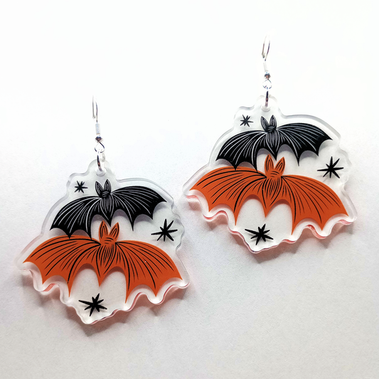 Batty Bats Orange Spooky Halloween Acrylic Earrings