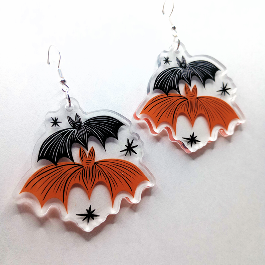 Batty Bats Orange Spooky Halloween Acrylic Earrings