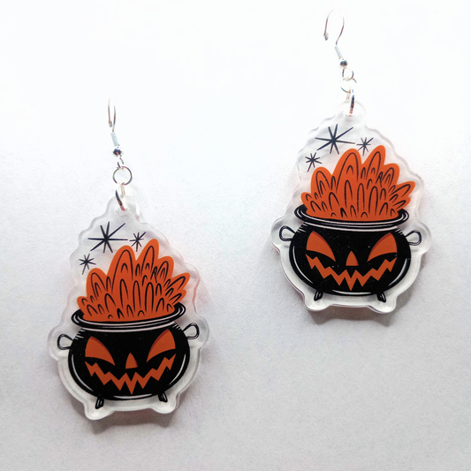 Cauldron Jack Black with Orange Spooky Halloween Acrylic Earrings