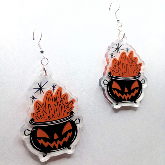 Cauldron Jack Black with Orange Spooky Halloween Acrylic Earrings