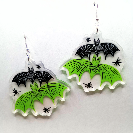 Batty Bats Green Spooky Halloween Acrylic Earrings