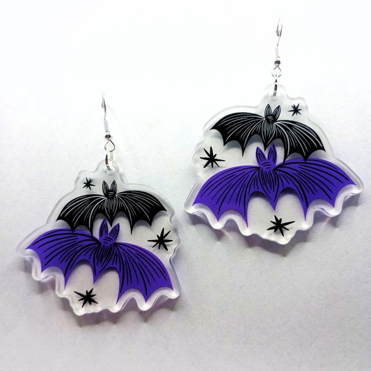 Batty Bats Purple Spooky Halloween Acrylic Earrings
