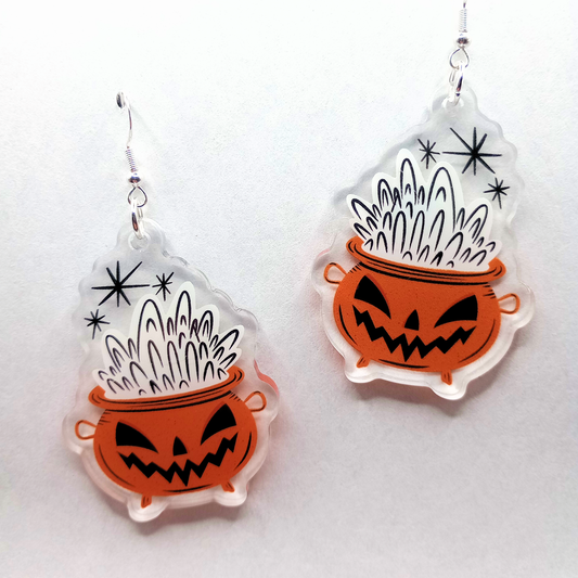 Cauldron Jack Orange with Black Spooky Halloween Acrylic Earrings