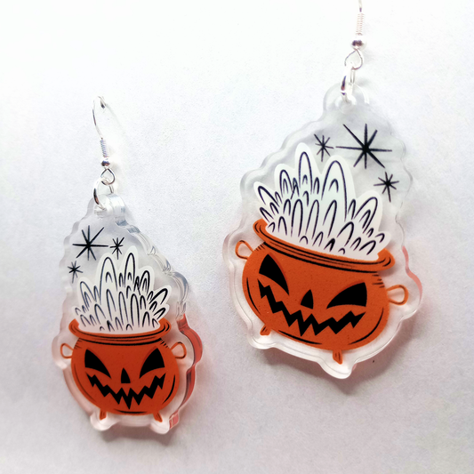 Cauldron Jack Orange with Black Spooky Halloween Acrylic Earrings
