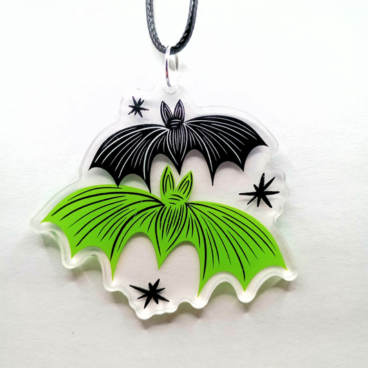 Batty Bats Black Green Spooky Cute Halloween Acrylic Necklace