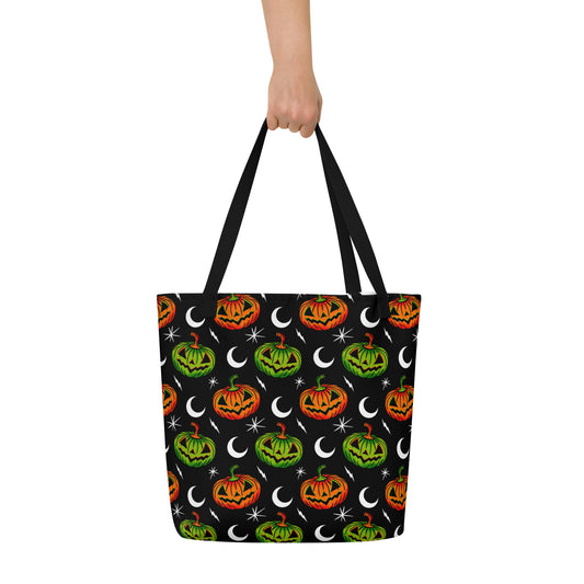Jack-O-Lantern Moon Orange Green All-Over Print Large Tote Bag