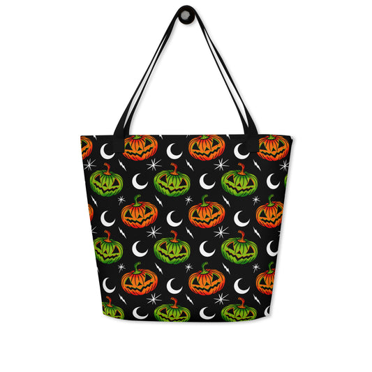 Jack-O-Lantern Moon Orange Green All-Over Print Large Tote Bag