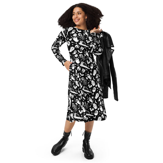 Dearly Departed 2022 Black, White Halloween Long Sleeve Midi Dress with Pockets
