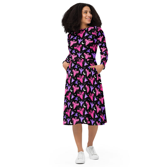 Graveyard Ghosts One Long Sleeve Midi Dress with Pockets