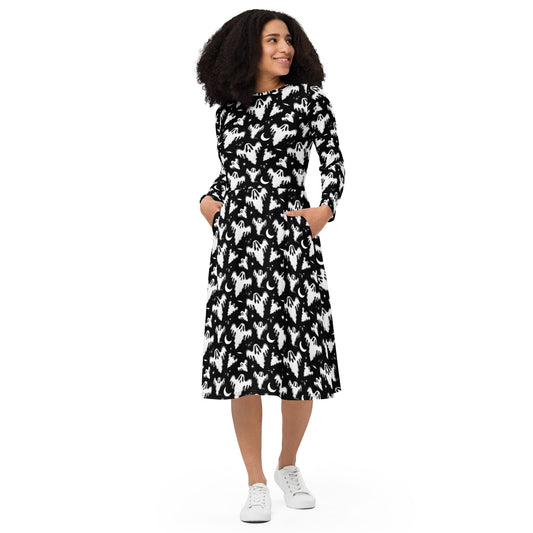 Graveyard Ghosts Two Long Sleeve Midi Dress with Pockets