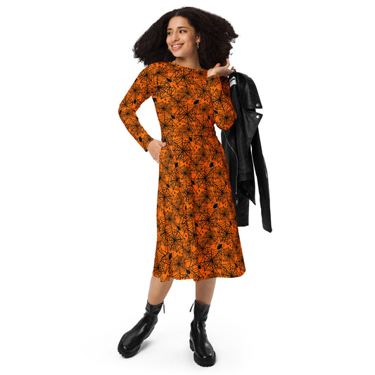 Webz 23 Orange Halloween Long Sleeve Midi Dress with Pockets