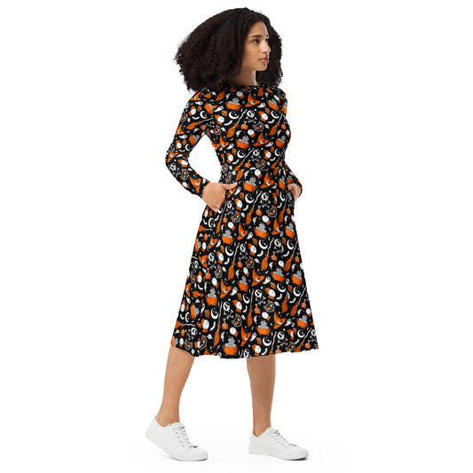 Magick Curio 2023 Orange Halloween Long Sleeve Midi Dress with Pockets
