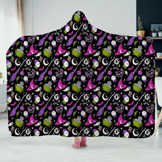 Magick Curio Black Background Pink Orchid Chartreuse Hooded Blanket