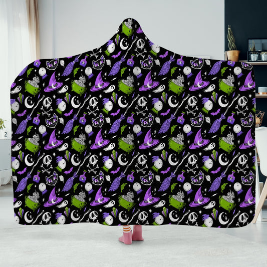 Magick Curio Black Background Purple Orchid Green Hooded Blanket