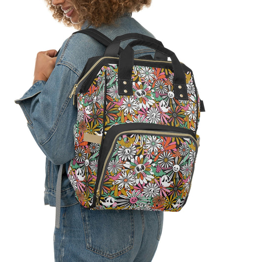 Groovy Flowers 60's Hippie Spooky Halloween Springoween Diaper Backpack Bag