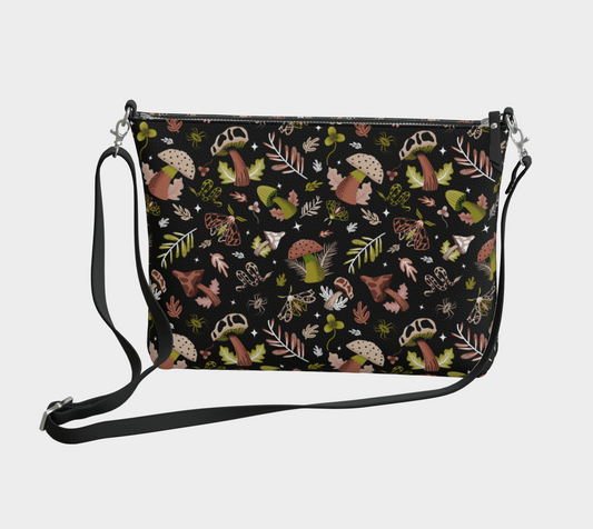 Midnight Mushrooms Moss Brown Taupe Faux Leather Crossbody Purse