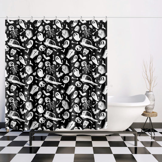 Dearly Departed 2022 Black with White Gothic Halloween Shower Curtain