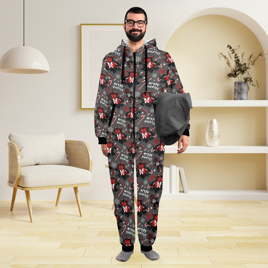 Merry Krampus Gray Red Unisex One-Piece Zip Up Hooded Pajamas