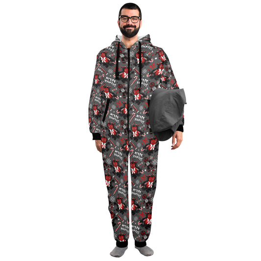 Merry Krampus Gray Red Unisex One-Piece Zip Up Hooded Pajamas