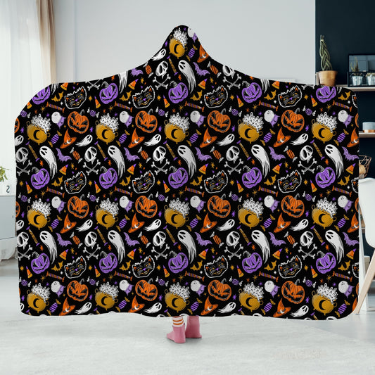 Trick or Treat 2023 Orange Gold Purple Hooded Blanket