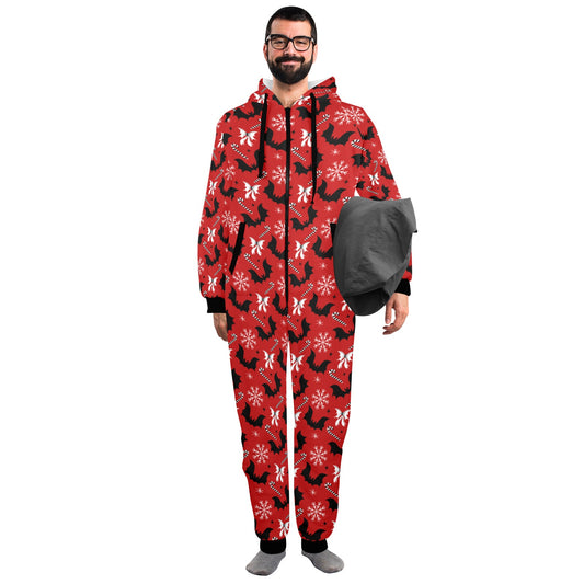 Bats and Bows Red Unisex One-Piece Zip Up Hooded Pajamas