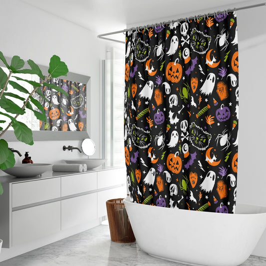 Everything Spooky 2022 Black, White, Orange, Purple, Chartreuse Halloween Shower Curtain