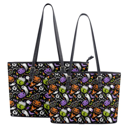 Trick or Treat Orange Orchid Chartreuse Faux Leather Tote Bag