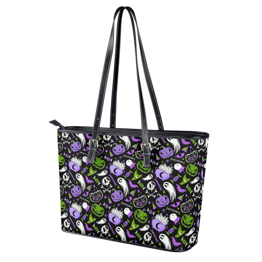 Trick or Treat Purple, Green Faux Leather Tote Bag