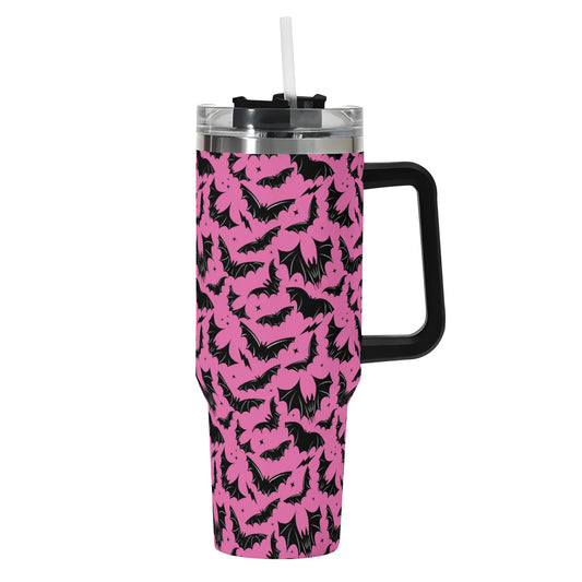 Batty Bats 22 Pink 40oz Stainless Steel Tumbler Gift With Black Handle and Straw