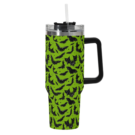 Batty Bats 22 Green 40oz Stainless Steel Tumbler Gift With Black Handle and Straw