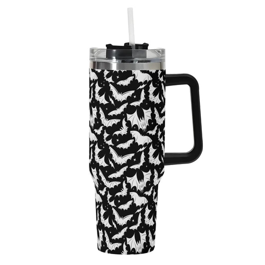 Batty Bats 22 Black White 40oz Stainless Steel Tumbler Gift With Black Handle and Straw