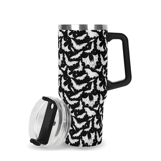 Batty Bats 22 Black White 40oz Stainless Steel Tumbler Gift With Black Handle and Straw