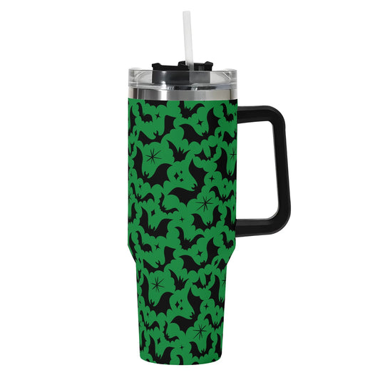 Batty Bats 24 Green 40oz Stainless Steel Tumbler Gift With Black Handle and Straw