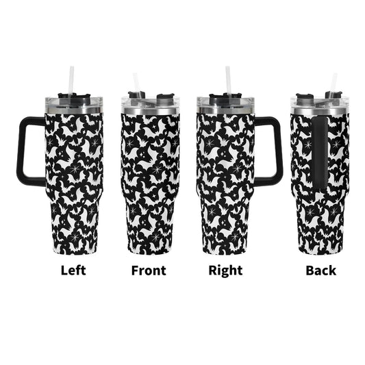 Batty Bats 24 Black White 40oz Stainless Steel Tumbler Gift With Black Handle and Straw