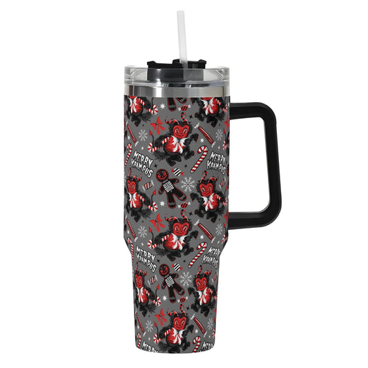 Merry Krampus Gray Red Creepmas 40oz Stainless Steel Tumbler Gift With Black Handle and Straw