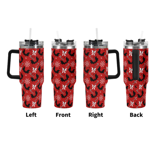 Bats and Bows Red Creepmas 40oz Stainless Steel Tumbler Gift With Black Handle and Straw