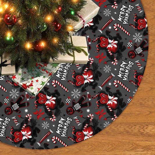 Merry Krampus 24 Gray Red Tree Skirt for Creepmas Yule Spooky Xmas Decor -3 Sizes