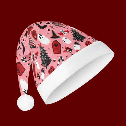 Candy Coffins Pink Red Kitschy Creepmas Spooky Christmas Unisex Floppy Fleece Santa Hats