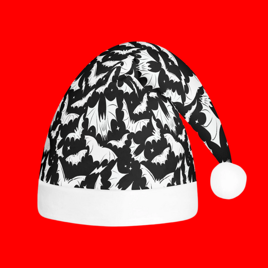 Batty Bats 23 Black White Creepmas Spooky Christmas Unisex Floppy Fleece Santa Hats