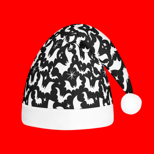 Batty Bats 24 Black White Creepmas Spooky Christmas Unisex Floppy Fleece Santa Hats