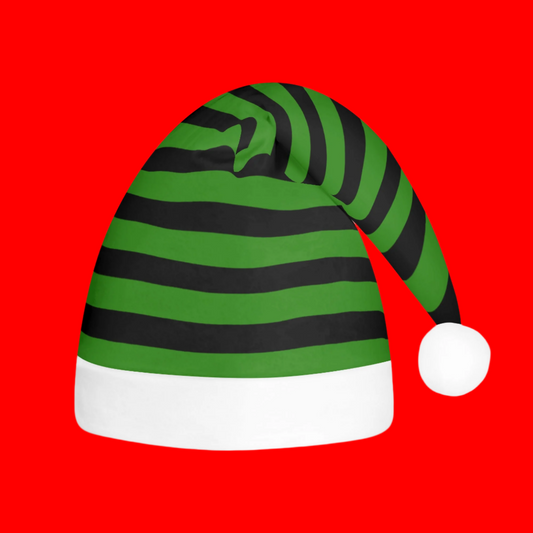 Green Black Stripe Creepmas Spooky Christmas Unisex Floppy Fleece Santa Hats