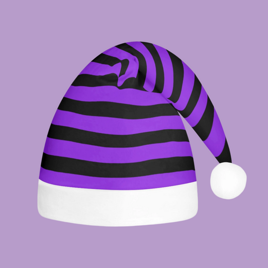 Black Purple Stripe Creepmas Spooky Christmas Unisex Floppy Fleece Santa Hats