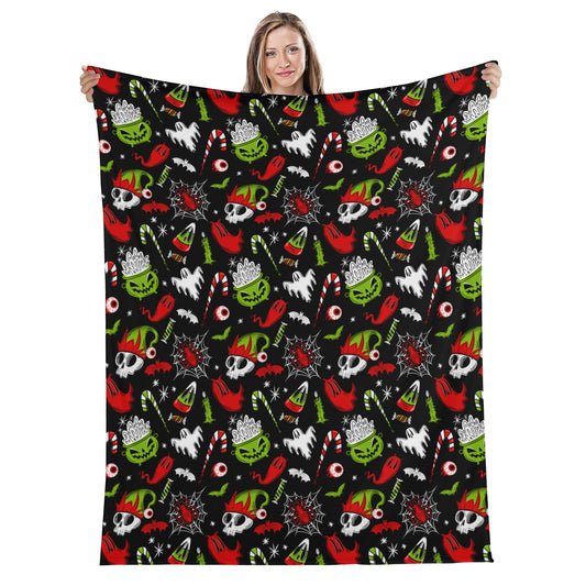 Merry Creepmas Spooky XMAS Creepmas Black Red Green Fleece Blanket