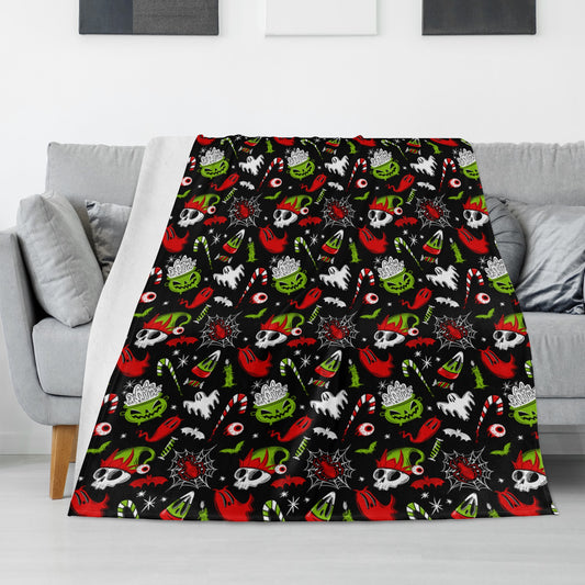 Merry Creepmas Spooky XMAS Creepmas Black Red Green Fleece Blanket