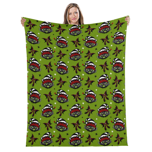 Elf Cat Spooky XMAS Creepmas Black Red Green Fleece Blanket